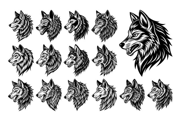 Bundel van zijweergave van het illustratieontwerp van de hoofd van de boze wolf