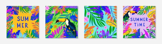 Bundel van zomer vectorillustratie met heldere tropische bladeren, bloemen en toucan