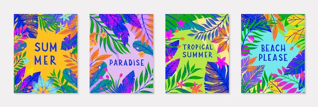 Bundel van zomer vectorillustraties met tropische bladeren, bloemen en elementen. Multicolor planten met hand getrokken textuur. Exotische achtergronden perfect voor prints, flyers, banners, uitnodigingen, sociale media.