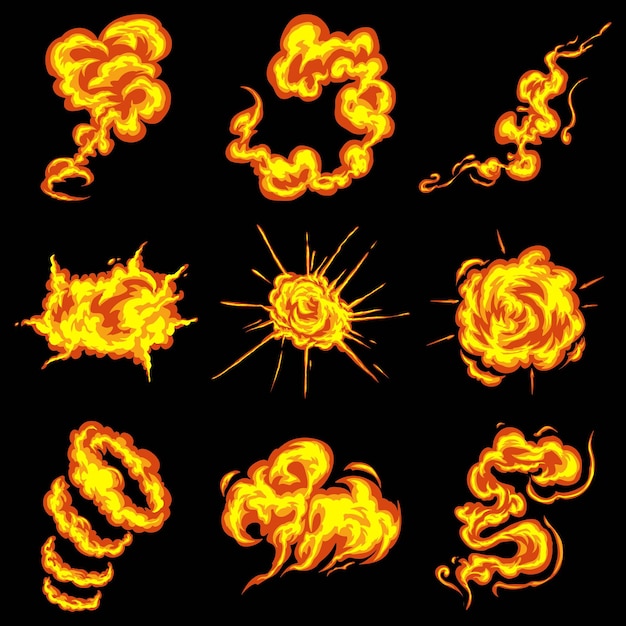 Bundel vectoractiva van brandexplosies en rookspatten in oranje en gele kleuren