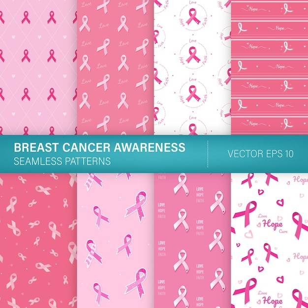 Vector bundelset van roze lint naadloos patroon voor bewustzijn van borstkanker in oktober