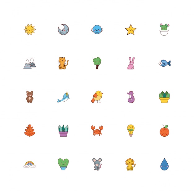 Bundle of animals and nature kawaii icons