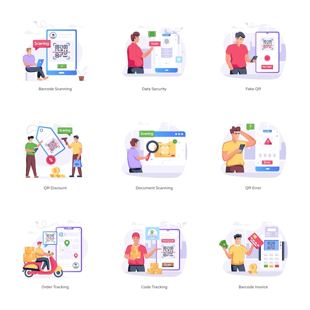 Bundle of Barcode Technology Flat Illustrations