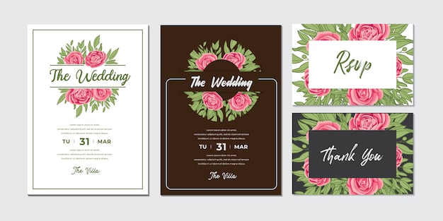 Vector bundle of beautiful wedding invitation card with roses flower and leaves frame design template