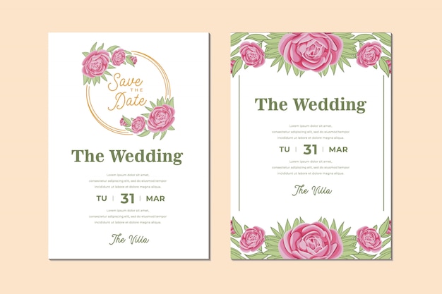 Vector bundle of beautiful wedding invitation card with roses flower and leaves frame