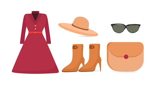 Вектор Комплект женской модной одежды с пальто, ботинками, шляпой, солнцезащитными очками и сумочкой