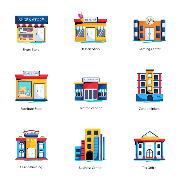 Vector bundle of building frontage flat icons