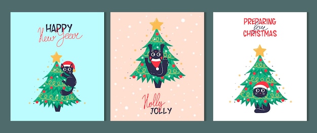 Bundle of Christmas card banner or poster template with christmas tree and cute black cat and christmas lettering