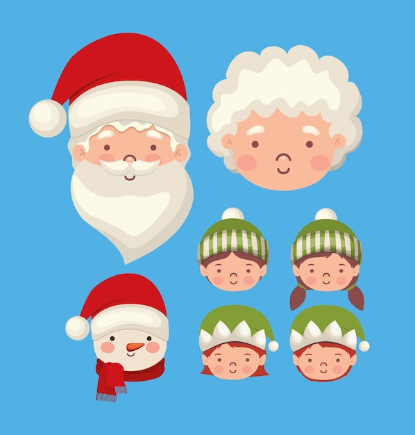 Bundle of christmas characters on blue background.