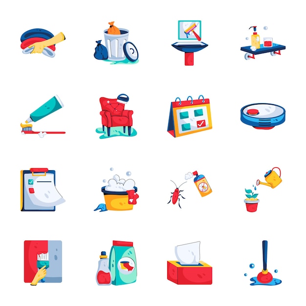 Bundle of Cleaning Accessories Flat Icons