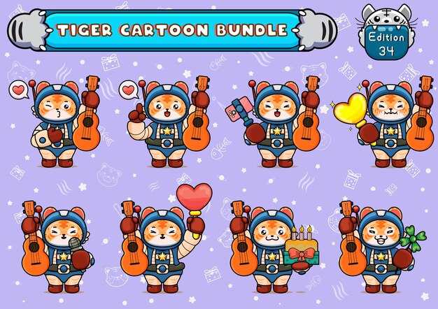 bundle of cute tiger illustration in spacesuit holding little guitar and other thing