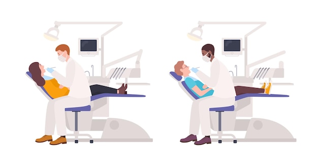 Vector bundle of dentists examining male and female patients lying in chairs. set of dental surgeons treating man and woman isolated on white background. flat cartoon characters. vector illustration.