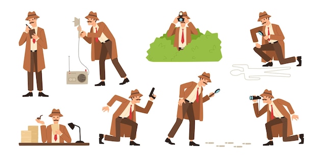 Bundle of detective with mustache looking through magnifying glass, sneaking, spying, solving crime, photographing. Male cartoon character isolated on white background. Flat vector illustration.