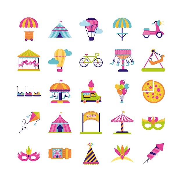 Bundle di fair entertainment impostare icone illustrazione vettoriale design