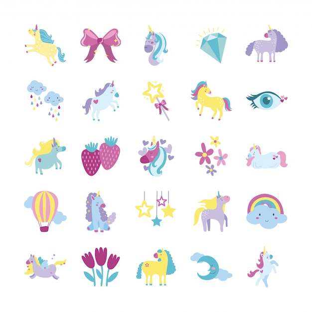 Vector bundle of fairytale unicorn icon set