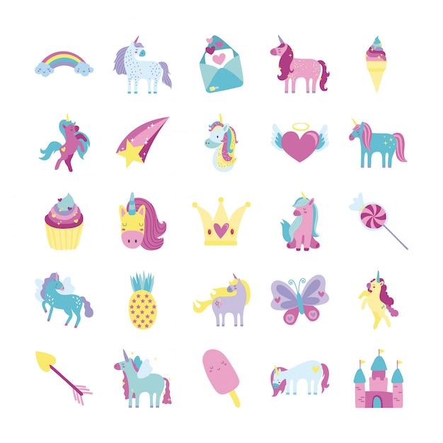 Vector bundle of fairytale unicorn icon set