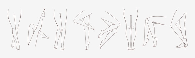 Vettore fascio di gambe femminili in diverse pose o posture disegnate a mano con linee di contorno