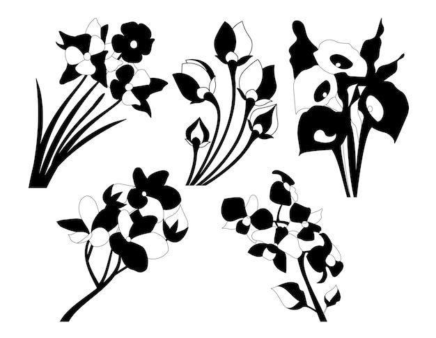 Bundle of Floral leaves and Flower isolated vector isolated Silhouettes.