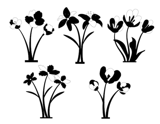 Vector bundle of floral leaves and flower isolated vector isolated silhouettes.