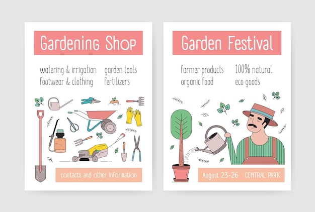 Pacchetto di modelli di volantini o poster con giardiniere nell'albero di irrigazione del cappello, attrezzi da giardinaggio e attrezzature agricole. illustrazione vettoriale moderna in stile lineare per pubblicità di mercato o festival.