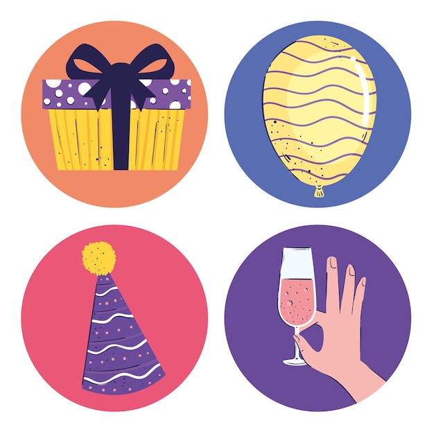 Bundle of four birthday set icons  illustration