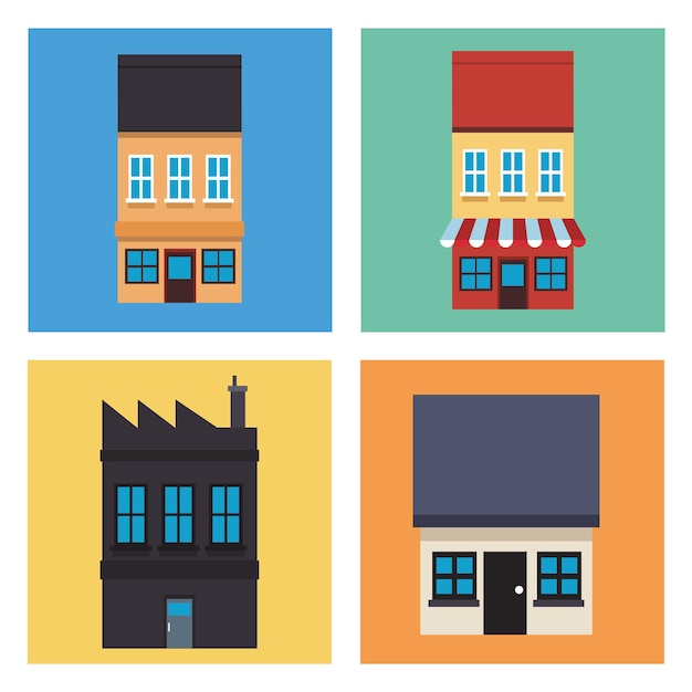 Bundle of four houses facades icons  illustration