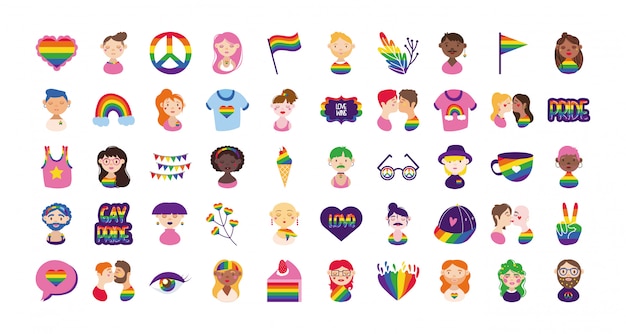 Vector bundle of gay pride icons and people hand draw style