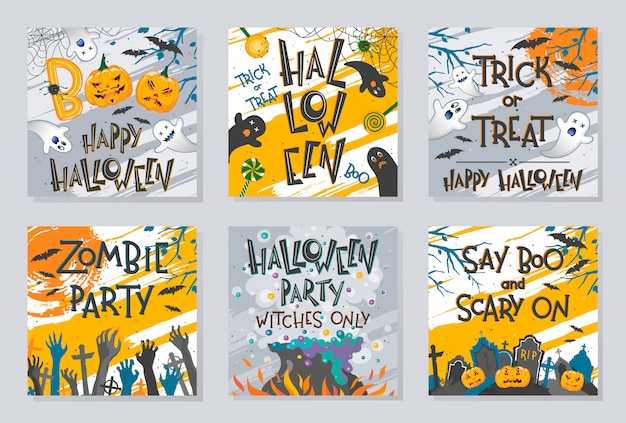 Bundle of halloween posters with zombie hands,ghosts,pumpkins,witch cauldron and bats