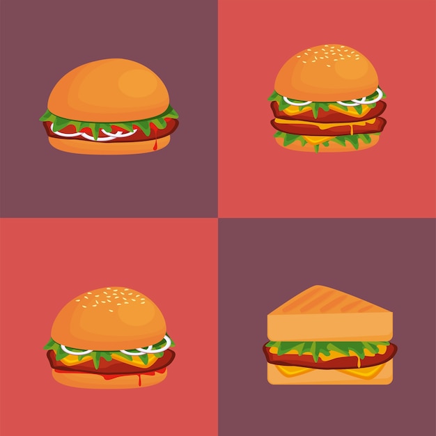 Fascio di hamburger e panino illustrazione deliziosa icone di fast food