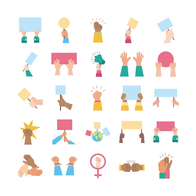 bundle of hands protest set icons illustration design