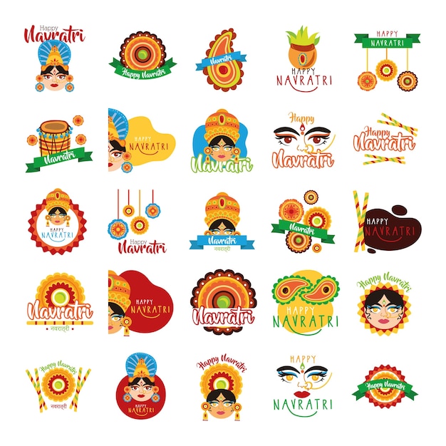 Bundle of happy navratri celebration set icons illustration design
