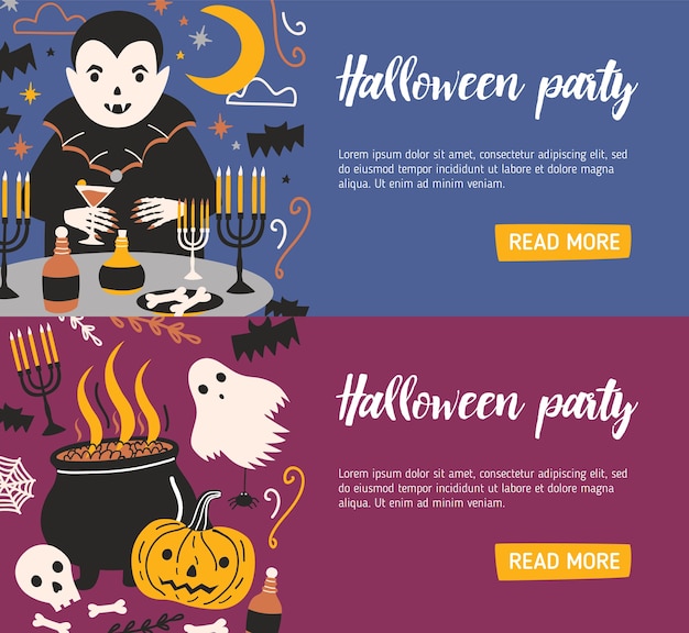 Bundle of horizontal web banner templates with vampire drinking blood from glass and other evil creatures