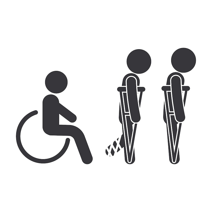 Vector bundle icon set pictogram icondisabled person walking with a crutch and wheelchair symbolizing mobi