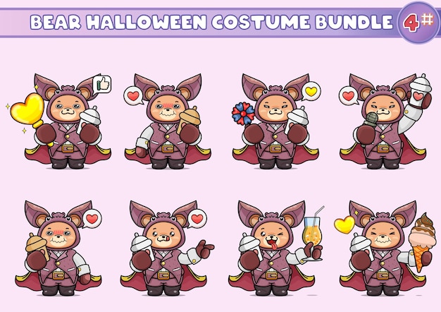 A bundle of illustrations of cute bears in vampire bat costumes, holding a ice cream and other thing