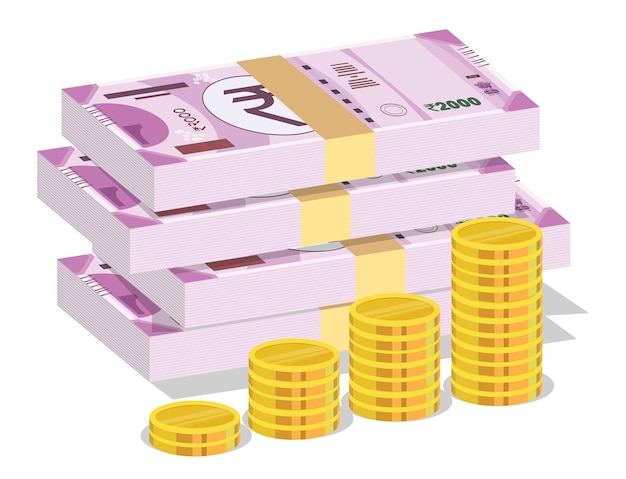 Vector bundle of indian 2000 rupee and gold coin. isometric view