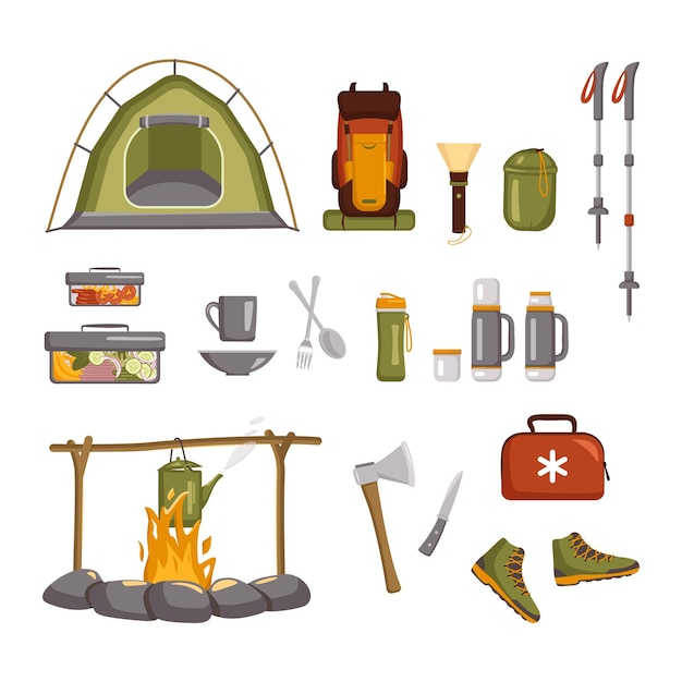 Vector bundle of items for hiking tourism and outdoor recreation set of tool for camping and picnic