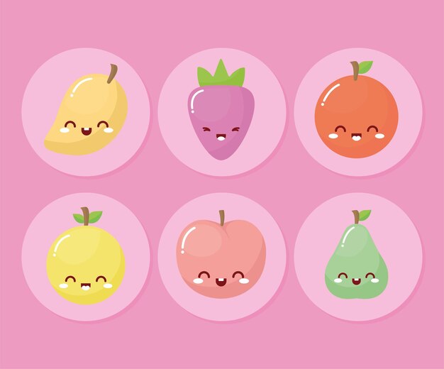 Vector bundle of kawaii fruits with a smile on pink