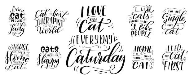 Bundle of Kitten lettering quotes for design Pet phrase on white isolated background Hand drawn brush ink vector calligraphy illustration