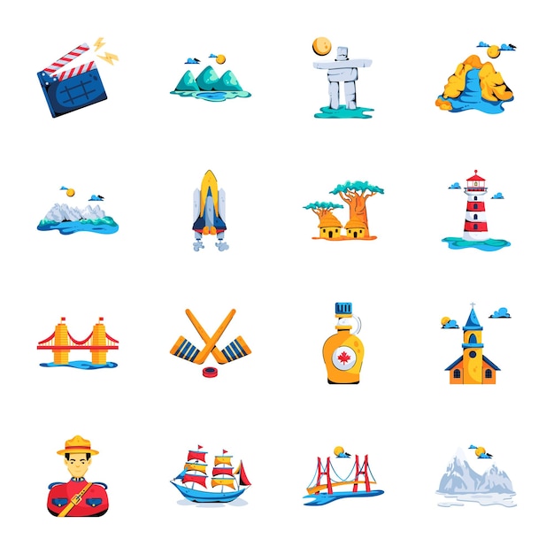 Bundle of Landmarks and Accessories Flat Icons