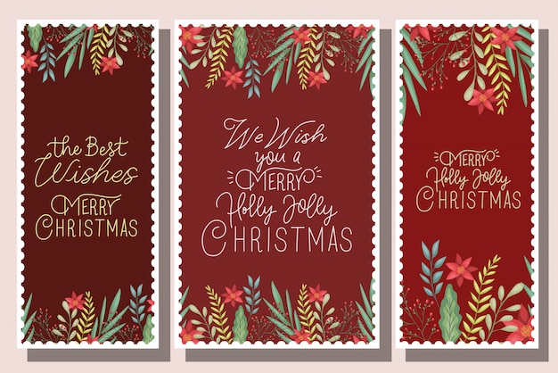 Vector bundle of merry christmas card with calligraphy and floral decoration