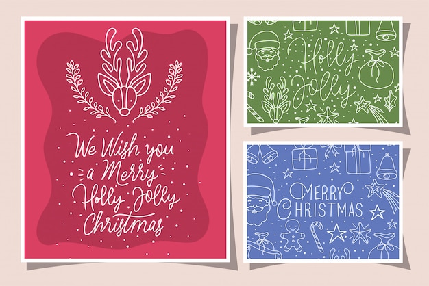 Bundle of merry christmas cards with calligraphy and icons