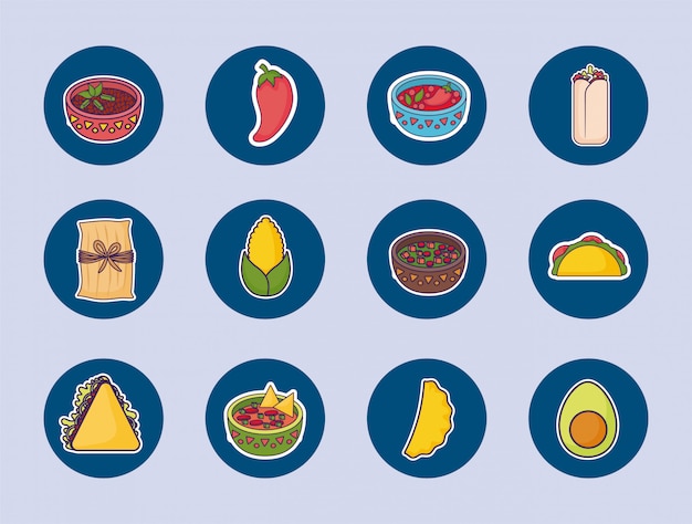 Bundle mexican food with set icons