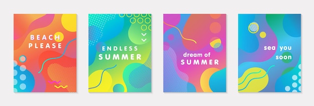 밝은 그라데이션 배경, 모양 및 기하학적 요소가 있는 현대 벡터 여름 포스터 번들. 인쇄, 소셜 미디어, 배너, 초대장, 브랜딩 디자인, 표지에 완벽한 트렌디한 추상 디자인
