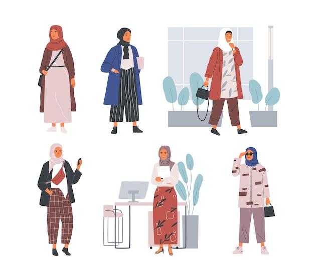 Fascio di giovani donne musulmane moderne che indossano abiti alla moda e hijab. set di ragazze arabe alla moda. collezione di personaggi femminili isolati su sfondo bianco. piatto del fumetto illustrazione vettoriale.