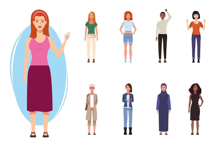 Vector bundle of nine beautiful women characters  illustration 
