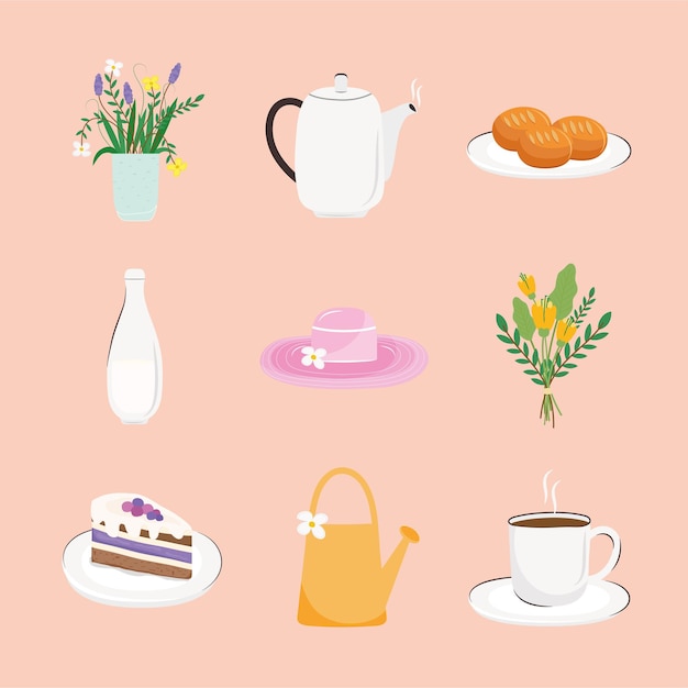 Bundle of nine breakfast delicious set icons  illustration