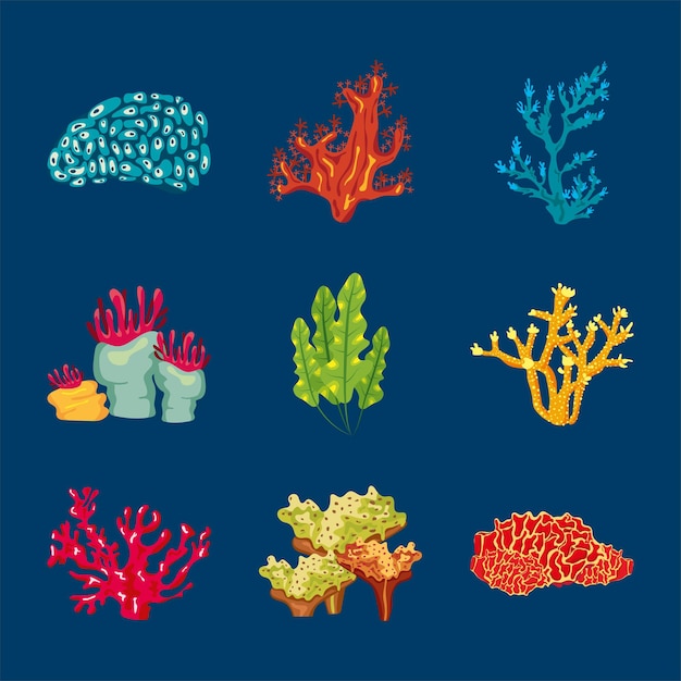 Pacchetto di nove elementi di natura di vita di mare di corallo illustrazione