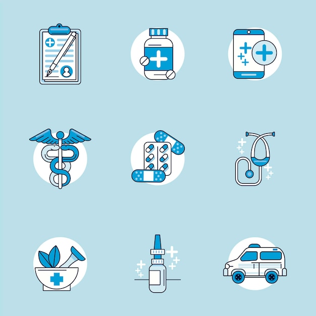 Bundle of nine medical health set icons