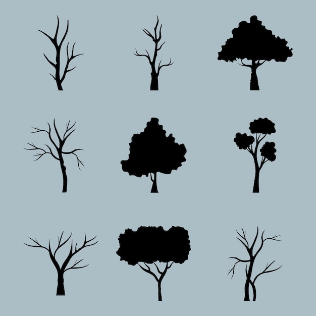 Vector bundle of nine trees forest silhouette style icons in blue background.