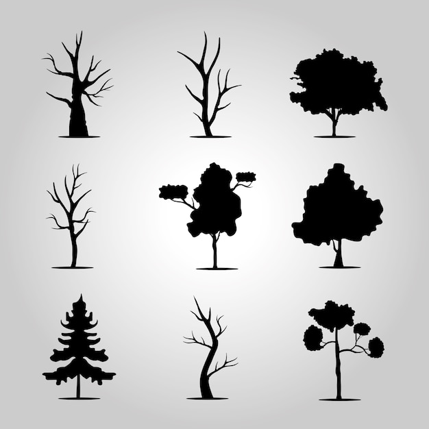 Pacchetto di nove alberi foresta silhouette icone di stile.